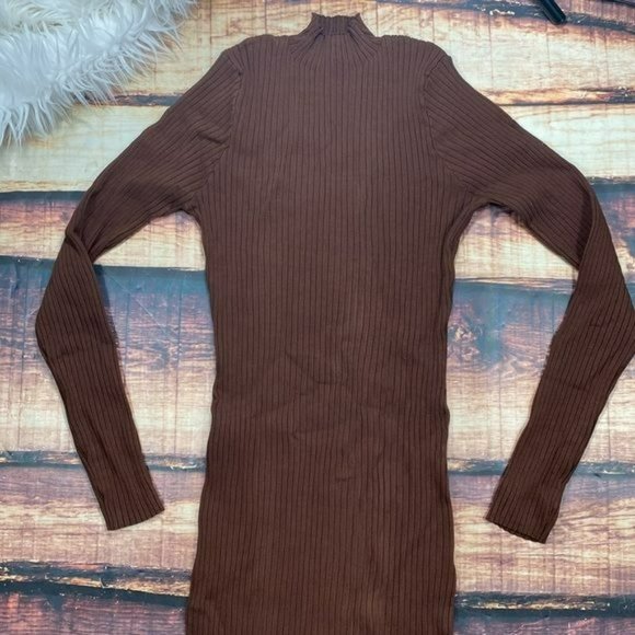 RELISTED Brown Ribbed Bodycon Midi Dress Slit - Picture 3 of 5